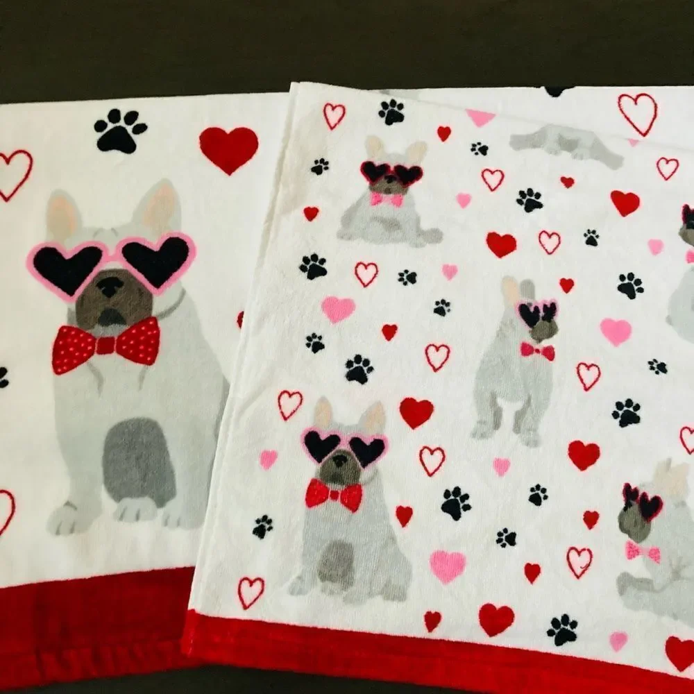 NWT Valentine Frenchie Dog Bath Towel Set